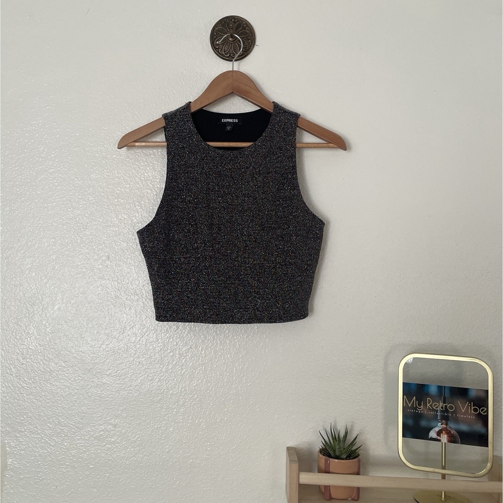 Express Womens Crop Top Black Sparkling Shimmering Party‎ Top Size Small